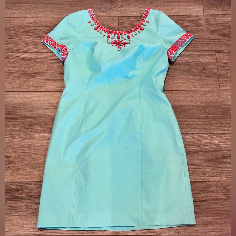 Lilly Pulitzer Aqua Mini Dress with Coral Embroidery - Picture 2 of 8